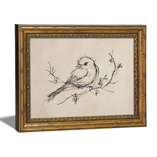 Vintage Gold Framed Wall Art Minimalist Line Bird Wall Decor Rustic Nature Animal Canvas Print Artwork Poster for Bedroom Kitchen Bathroom Living Room 9x11Inch