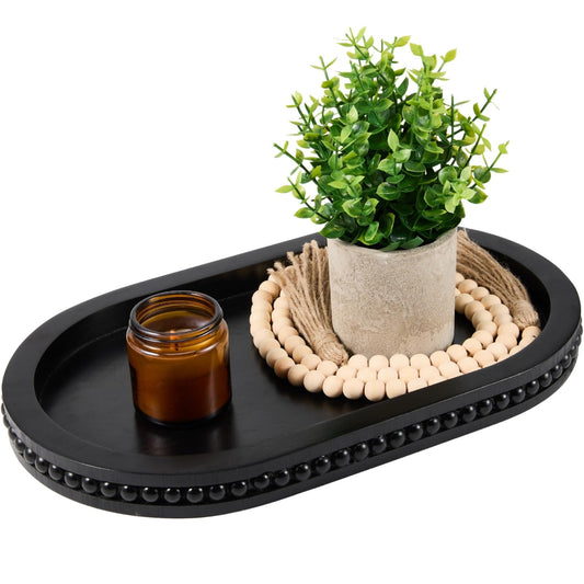 THORNIA Wood Decorative Tray for Coffee Table Centerpiece - Bead Oval Wooden Serving Tray for Farmhouse Home Decor, Rustic Living Room Table Decor for Bathroom Vanity or Kitchen Counter - Black