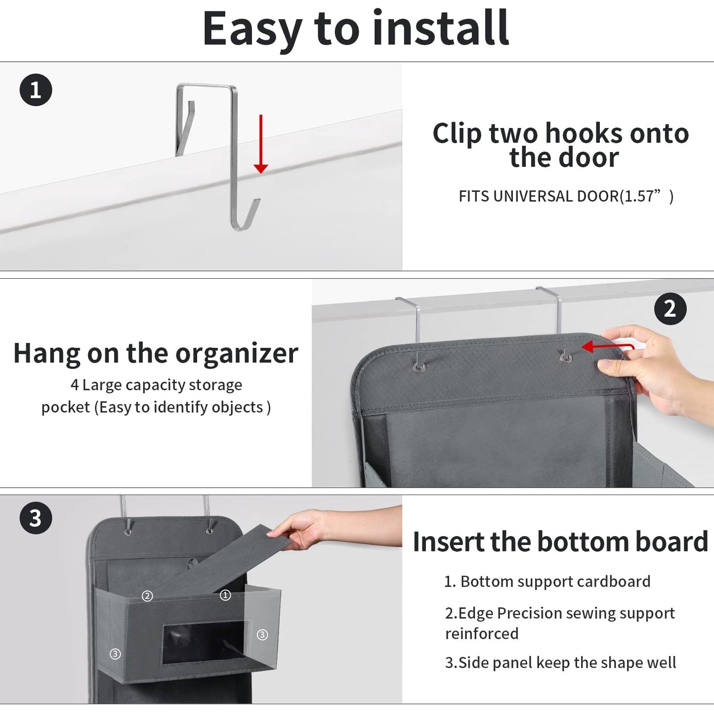 MAX Houser 5-Shelf Over The Door Hanging Organizer with 2 Metal Hooks, 5 Pocket Over The Door Wall Mount Storage with Clear Windows for Bathroom Closet,Bedroom,Dorm,(Gray)