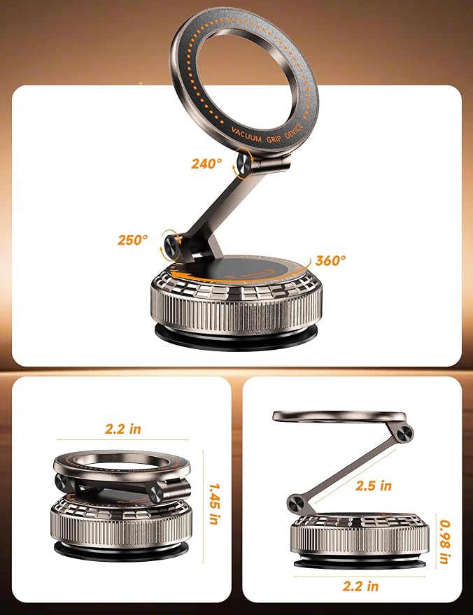 Vacuum Magnetic Phone Holders for Your Car [105+LBS Suction & 3800gf Magnetic] 360° Adjustable Magsafe Car Phone Holder Mount for iPhone 17 16 15 14 13 12 Series & Android, Pure Zinc Alloy