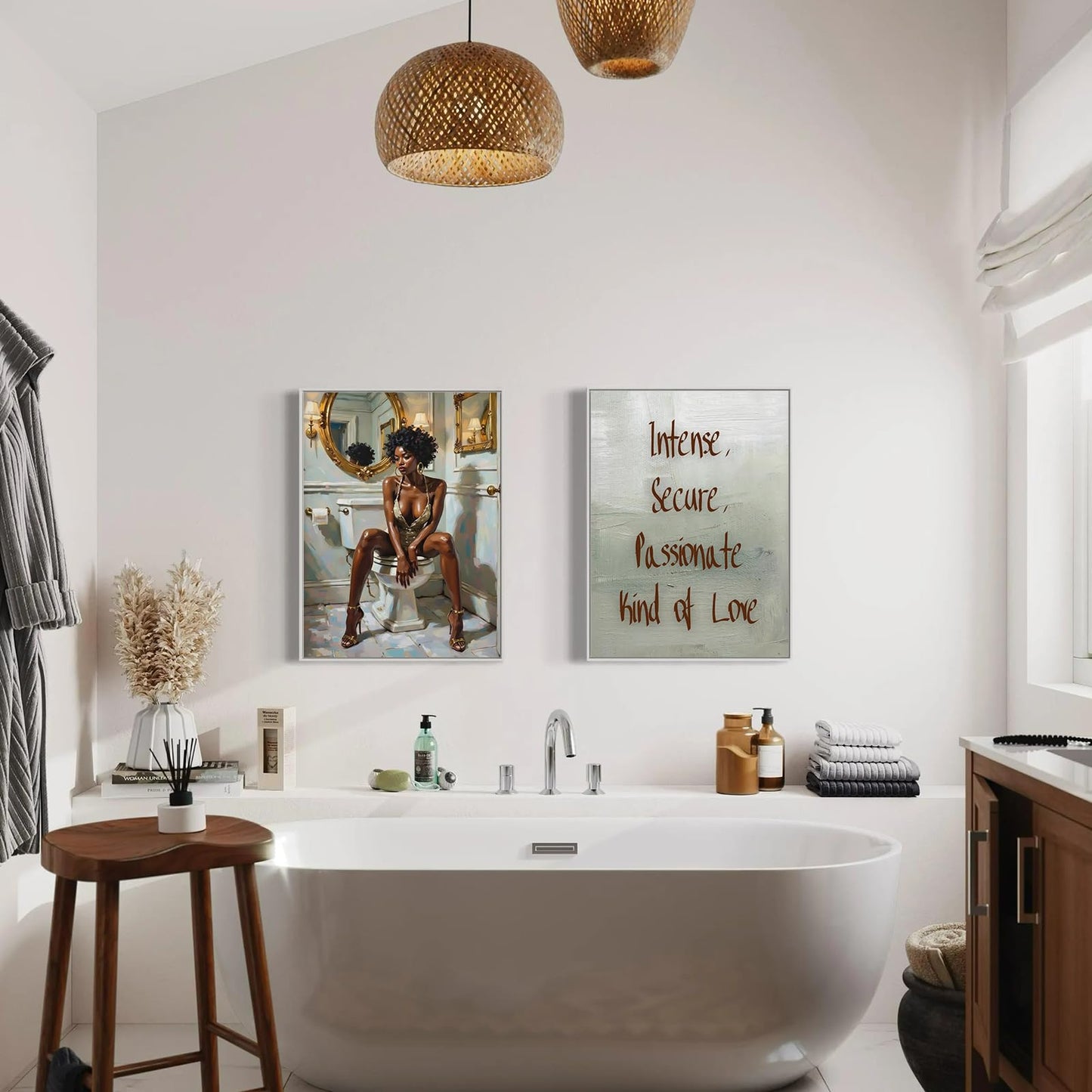 Black Girl Bathroom Wall Art Set of 2 Luxury Black Woman Poster Print Sensual African American Wall Art Afro Feamle Canvas Painting Print for Bathroom Toilet Home Decor, 16x24inch Unframed