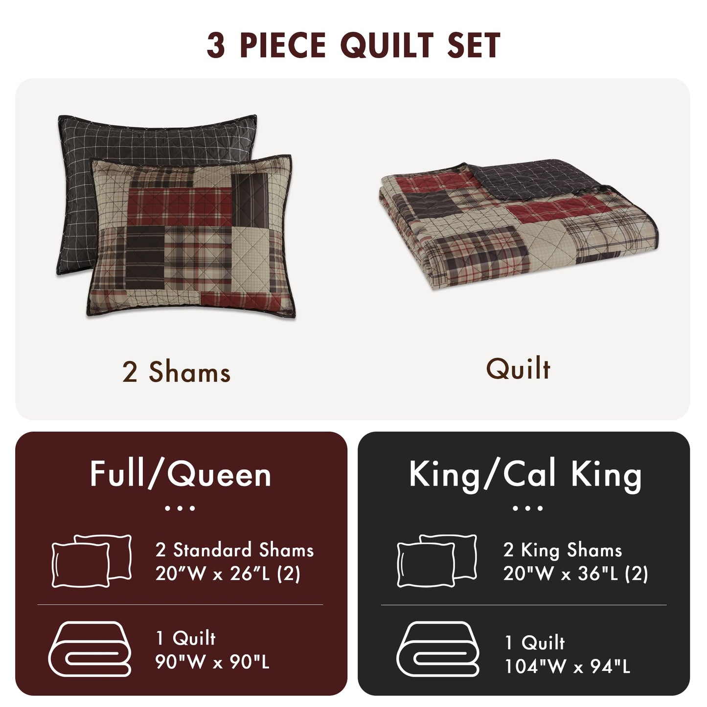 Madison Park Queen Quilt Set Patchwork Farmhouse, Diamond Quilting Reversible Coverlet Set for Queen Size Bed, Plush Cotton Filled Quilt Set Queen Size, Shams Full/Queen Red/Black 3 Piece