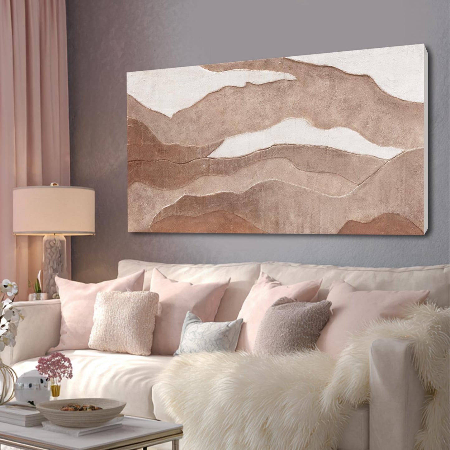 YLLTIEM Brown Abstract Wall Art 24x48 Inch, Hand Painted Textured Canvas Painting, Earth Tone Landscape Wall Decor for Living Room, Bedroom, Fireplace, Office
