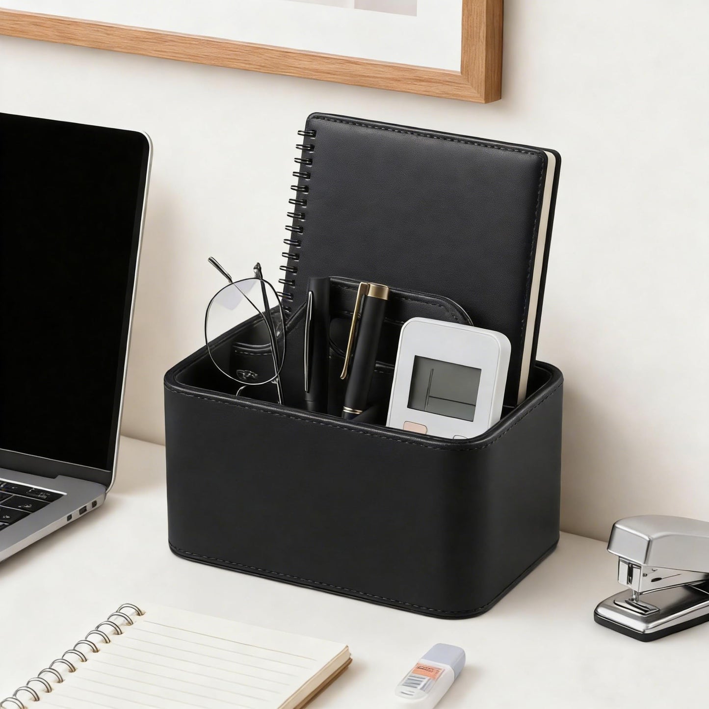 NICLNGSH Caddy Organizer with Handle, PU Leather Remote Control Holder Desk Caddy, Portable Makeup Remote Organizer for Table, Nightstand, Office (Black)