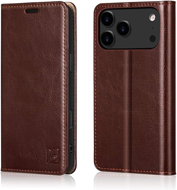 Belemay Leather Wallet Case Compatible with iPhone 17 Pro Max, Premium Cowhide Leather Two-Tone Effect, RFID Blocking Card Holders, Shockproof TPU Shell, Kickstand, Protective Flip Cover, 6.9", Brown