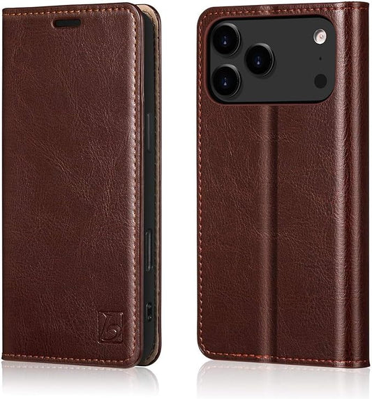 Belemay Leather Wallet Case Compatible with iPhone 17 Pro, Premium Cowhide Leather Two-Tone Effect, RFID Blocking Card Holders, Shockproof TPU Shell, Kickstand, Protective Flip Cover, 6.3", Brown