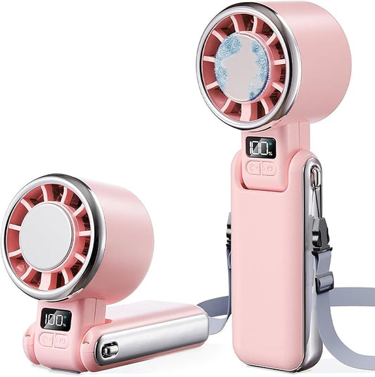 SHEWIND Portable Handheld Fan with Ice Cooling - 5 Gear High Speed Personal Turbo Fan Rechargeable, Up to 13 Hrs, Mini Hand Fans for Travel Essentials, Beach Vacation, Gifts for Women, Men (Pink)