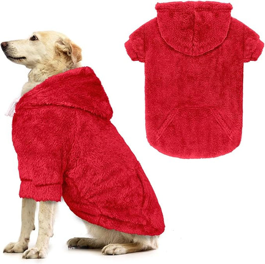 Dog Sweaters for Large Dogs,Dog Hoodie,Warm Fuzzy Fleece Sweatshirt with Hood & Pocket,Leash Hole,Cozy Cold Weather Pet Clothes Sweater Hoodie for Large Dogs(Red,2XL)