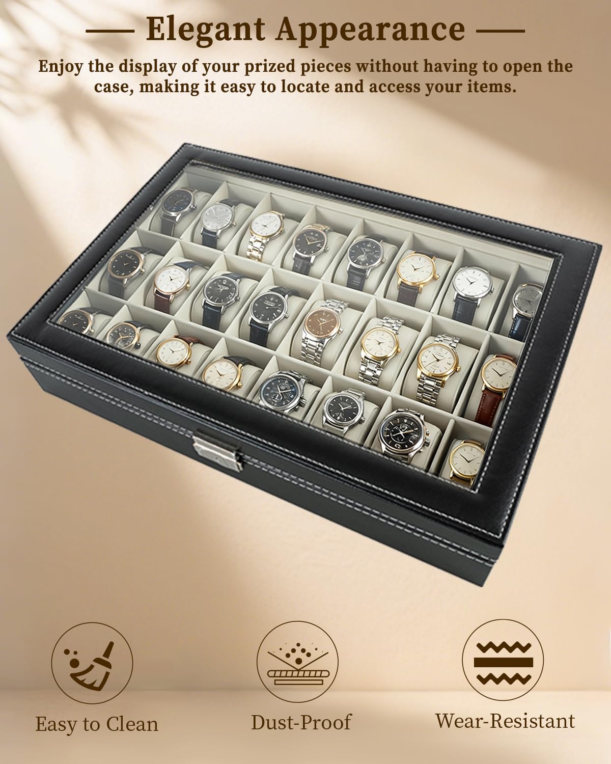 ATPEAM 24 Slot Watch Case Watch Box Organizer for Men Women Black Synthetic Leather Waterproof Dustproof Lockable Storage Case With Glass Lid (3.1'' Watch Pillow)