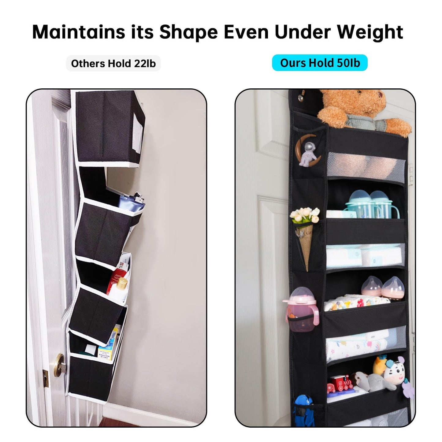 WishJazz Premium Over The Door Organizer 6 Large Pockets, 150D Extra Thick,50 lbs Hanging Organizer Storage, Behind Door Closet Organizer and Storage for Nursery, Bedroom, Bathroom, Black
