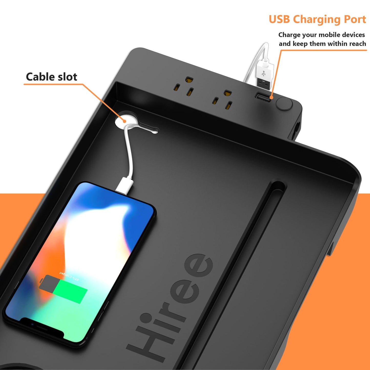 Bedside Shelf for Dorm Bunk Bed with USB Charging Port and 2 AC Outlets, Bedside Caddy, Attachable Bedside Table, College Dorm Essential Clip On Bedside Tray, Bunk Bed Accessories, Bedroom Furniture