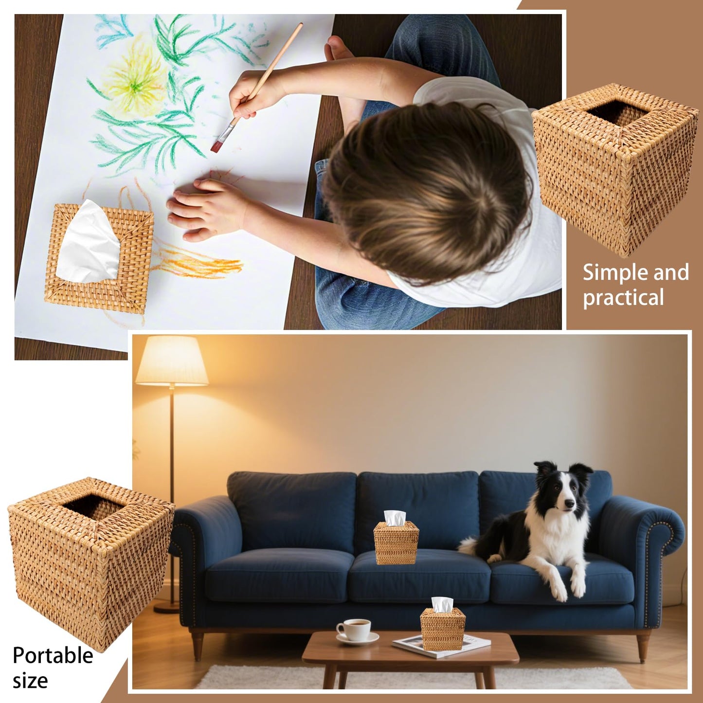 LECEHIVO 3 Pcs Square Rattan Tissue Box Cover Decorative Hand Wicker Woven Tissue Box Holder 5.5'' x 5.5'' x 5.5'' Boho Natural Tissue Cube Napkin Holder for Bathroom, Office, Car Accessories (Wood