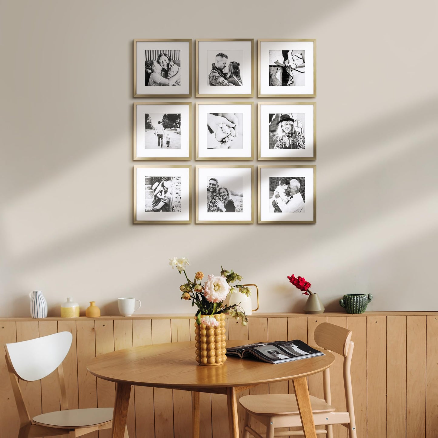 ArtbyHannah Square Gold Picture Frame, Wood Gallery Wall Frame Set Display Pictures 8x8 inch with Mat or 10x10 inch Without Mat, Wall Photo Collage Frame for Living Room Staircase Decoration (9 Pack)