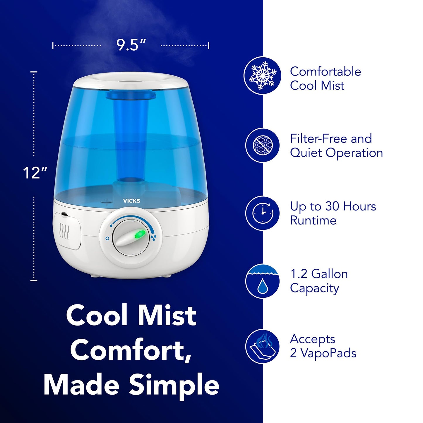 Vicks Filter-Free Ultrasonic Humidifier, Recommended by Pediatricians, 1.2 Gal Ultrasonic Cool Mist Humidifiers for Bedrooms & Kids Rooms, Works with Vicks VapoPads