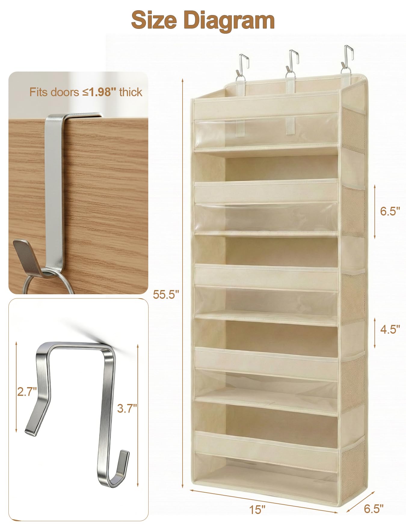 Hasosodo Over the Door Organizer 5-Shelf Closet Hanging Storage with 10 Mesh Pockets, 50 lbs Weight Capacity Door Organizer Hanging for Bathroom, Bedroom, Baby Nursery and Pantry, Ivory