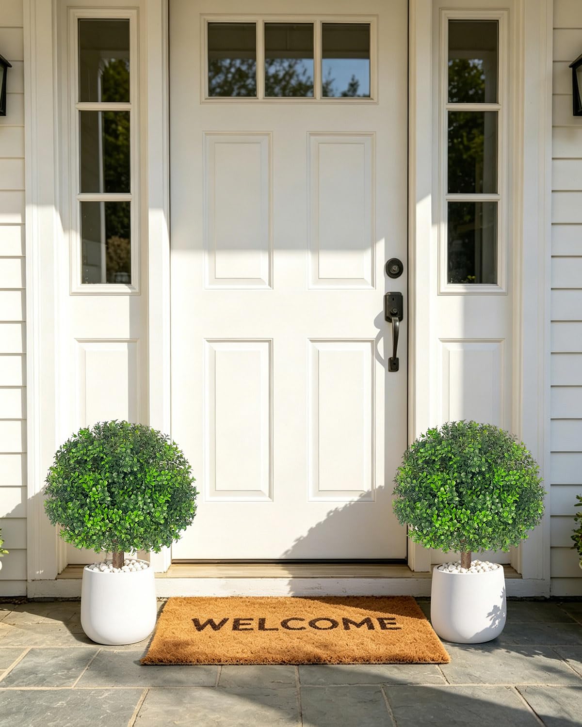 27.5" Artificial Boxwood Topiary Ball Trees for Outdoor with Round Spike, Set of 2 UV Resistant Fake Bushes Artificial Outdoor Shrubs for Front Porch Planters, Weatherproof Faux Greenery Plants Decor