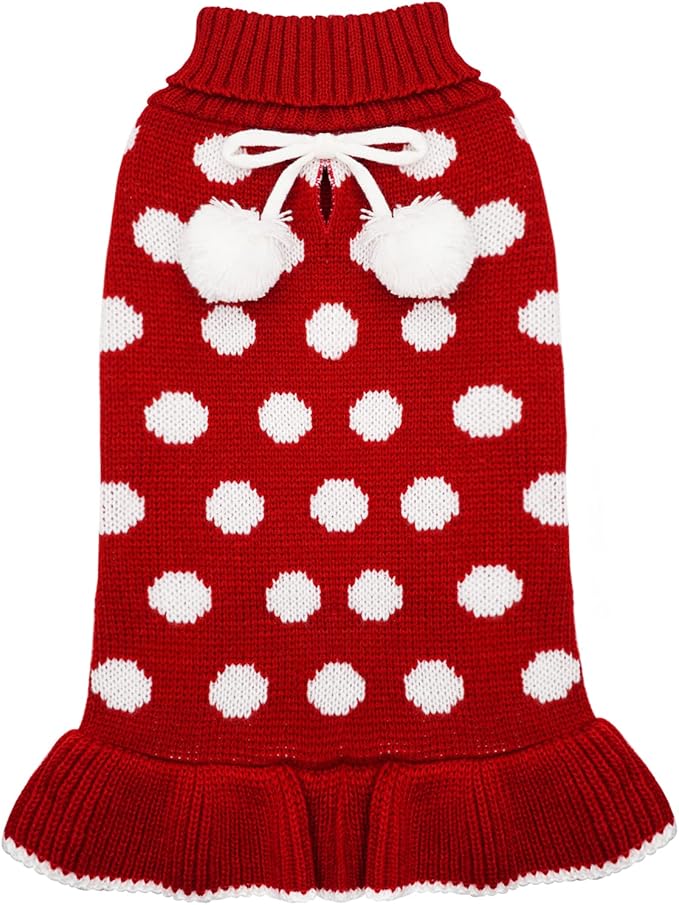KYEESE Dog Sweaters for Girl Small Dogs with Leash Hole Turtleneck Red Dog Sweater Dress Polka Dot Knit Pullover Warm Pet Sweater