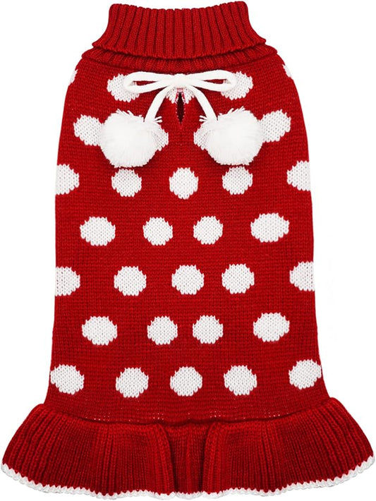 KYEESE Dog Sweaters for Girl Small Dogs with Leash Hole Turtleneck Red Dog Sweater Dress Polka Dot Knit Pullover Warm Pet Sweater