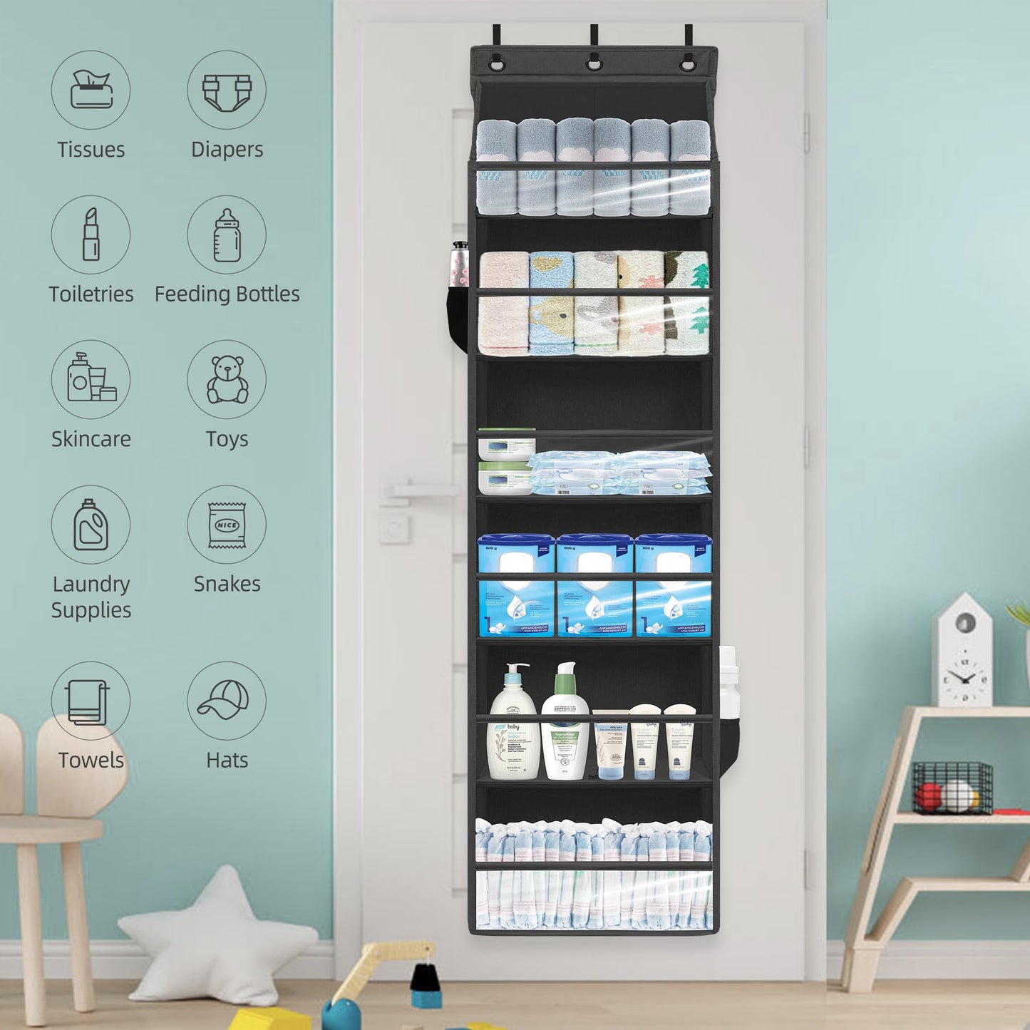 STORAGEIDEAS Over Door Organizer with 6 Extra Large Pockets 12 Side Pockets, Sturdy Closet Storage Rack, Hanging Storage Organizer with Clear Window for Shoes, Diapers, Bedroom, Bathroom, Black