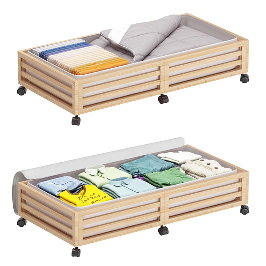 Wisuce Bamboo Under Bed Storage Containers- Underbed Organizer with Wheels with Dust Bag,Sturdy Wood Rolling Under the Bed Shoe Storage Organizer Drawers (Nature, 2 Pack (33.07"×16.54"))
