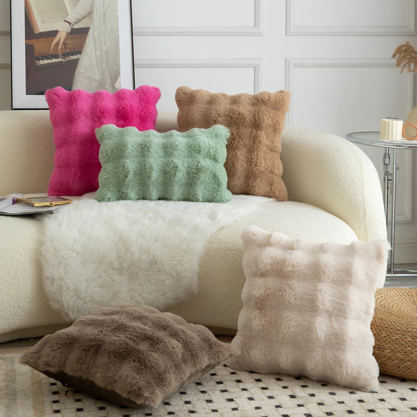 MANDIOO Pack of 2 Thick Plush Wool Decorative Throw Pillow Covers Super Soft Wave Bubble Fur Velvet Cushion Covers Pillow Shams for Couch Bed Living Room 16x16 Inch Beige