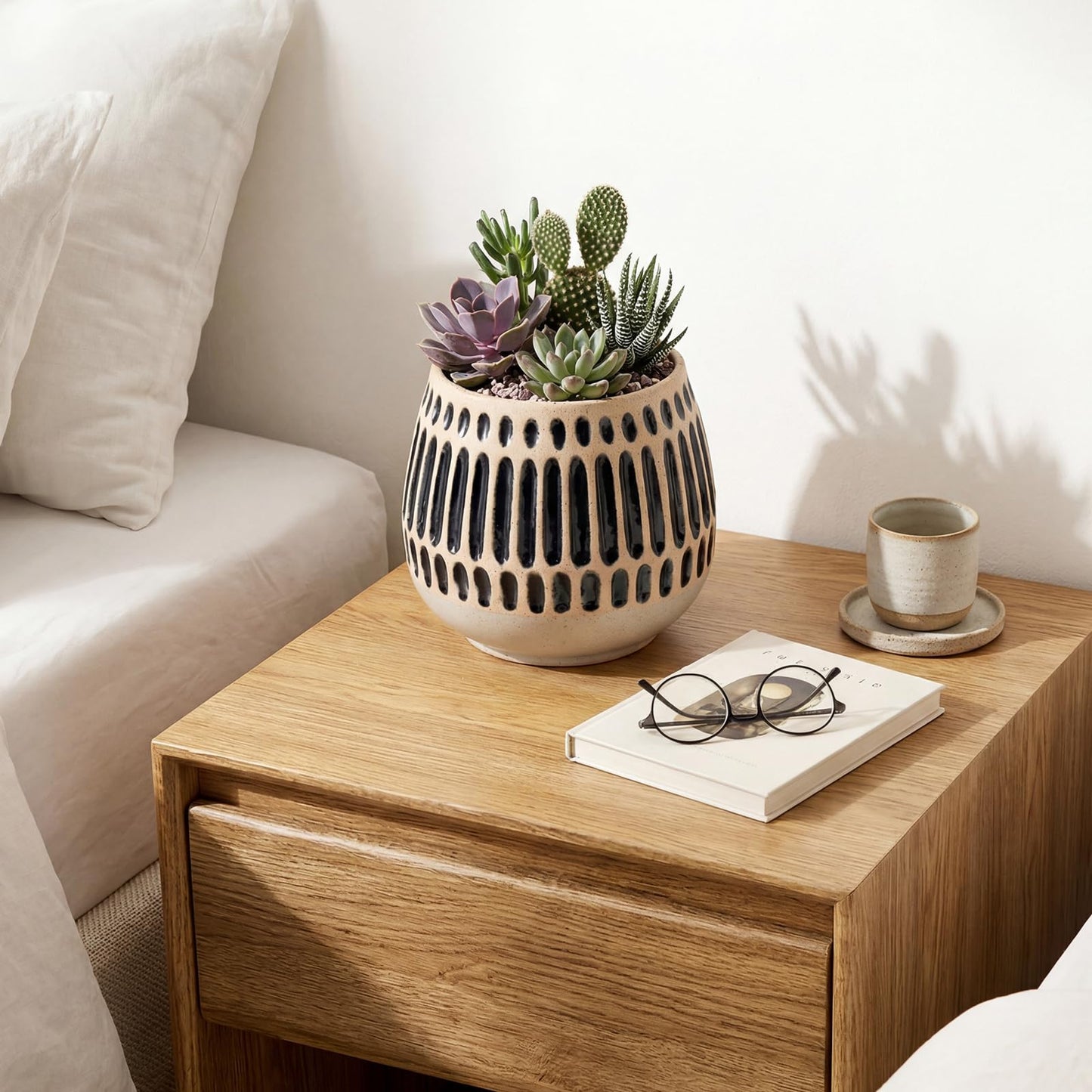 Chonsun Ceramic Planter 5 Inch Plant Pots Indoor Outdoor Succulent Plant Pot Flower Pots Mid-Century Planter Ceramic Pot with Blue Stripes