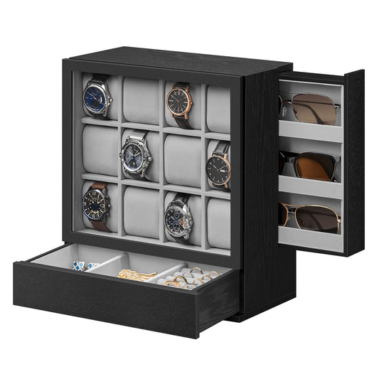 SONGMICS 12-Slot Watch Box, Watch Display Case with Window, Solid Wood Veneer, Velvet Lining, Vertical Storage, Space Saving, Fathers Day Gift for Dad, Ebony Black UJOW014B01