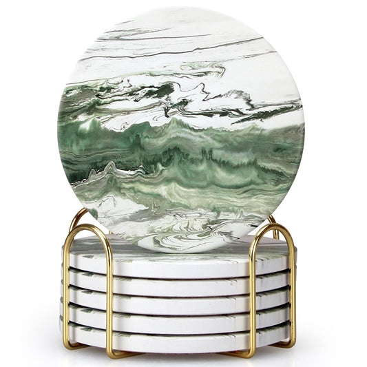 6 Pcs Green Ceramic Coasters with Holder Round Cool Drink Best Modern Absorbent Coaster Set for Coffee Table, Art Decorative Coasters, Bar, Farmhouse, Outdoor Cup Coaster Gifts