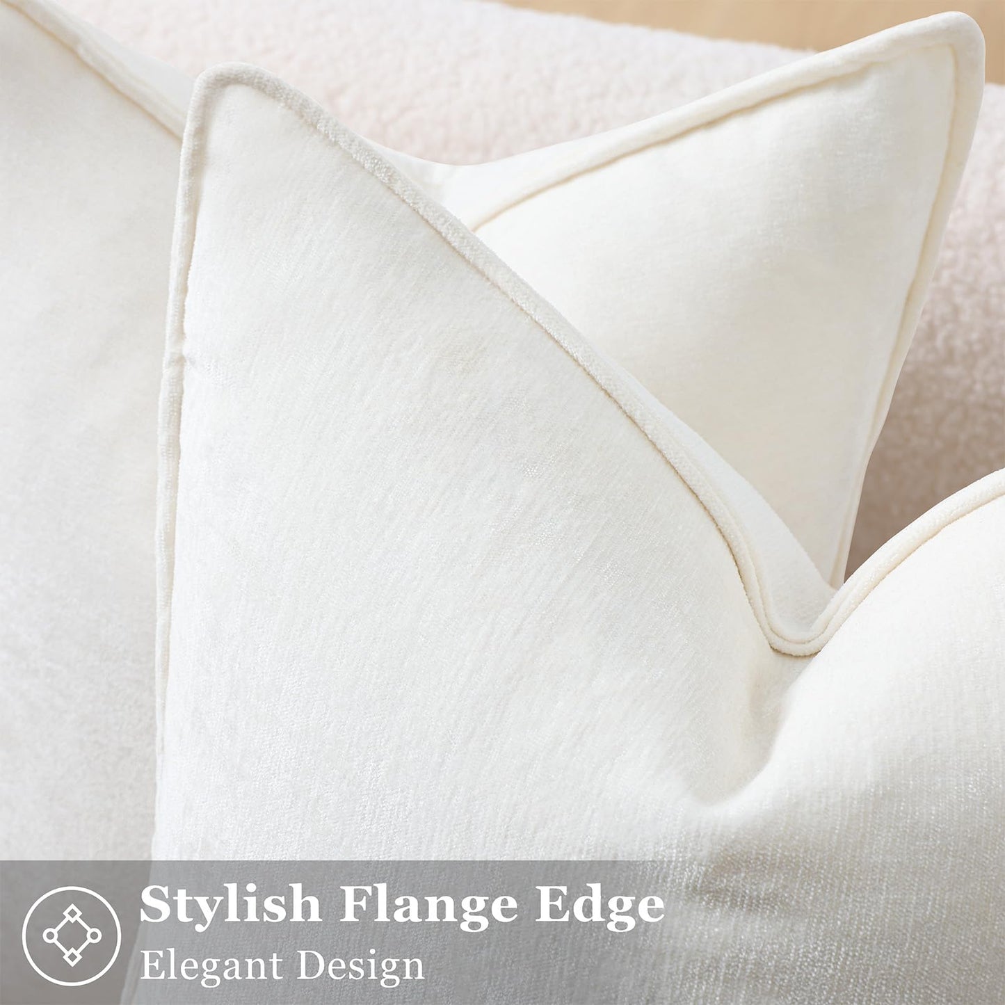 decorUhome Summer Couch Euro Sham Throw Pillow Covers 24x24 Set of 2, Decorative Soft Velvet Modern Cozy Chenille Pillow Cases with Elegant Design for Sofa Bed Living Room Home Decor, Cream White
