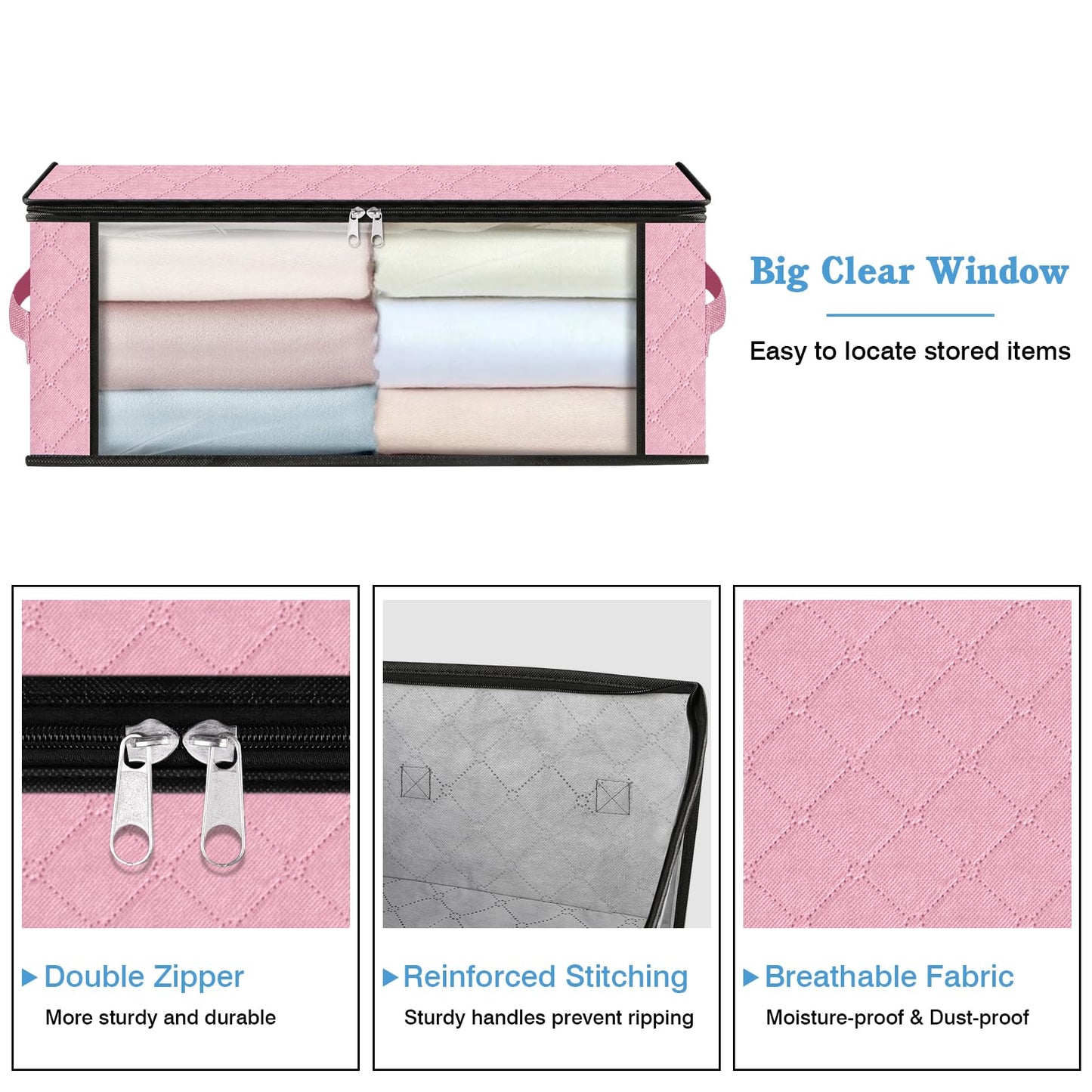 HomeHacks Storage 3-Pack Clothes Organizer Storage Bags Foldable Storage Box with Large Clear Window Sturdy Handles for Closet, Dorm, Pillows, Bedding, Clothes, Blankets, 35L, Pink