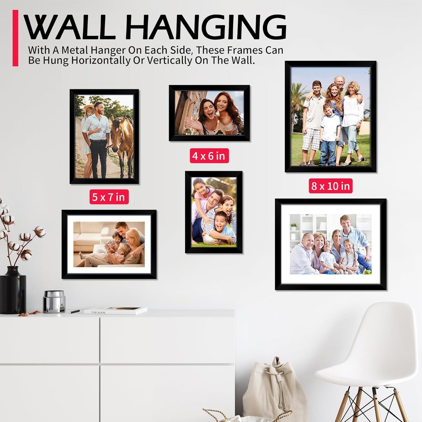 HOMERHYME 8x10 Picture Frame Set of 8, Black Photo Frames for Tabletop or Wall Display, Fits Pictures 5x7 with Mat or 8x10 Without Mat, Frame Collage with HD Plexiglass for Gallery Home Wall Decor