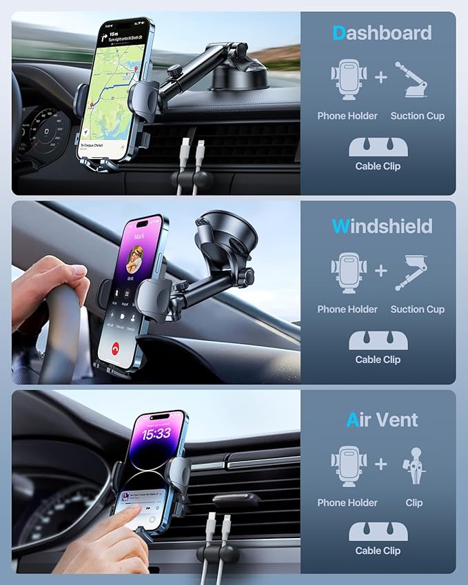 HTU 𝟐𝟎𝟐𝟔 𝐔𝐩𝐠𝐫𝐚𝐝𝐞𝐝【True Military-Grade】 Car Phone Holder【Safety Certs & No Smell】 Cell Phone Holder for Car Mount for Dashboard Windshield Air Vent Long Arm Thick Case,Red