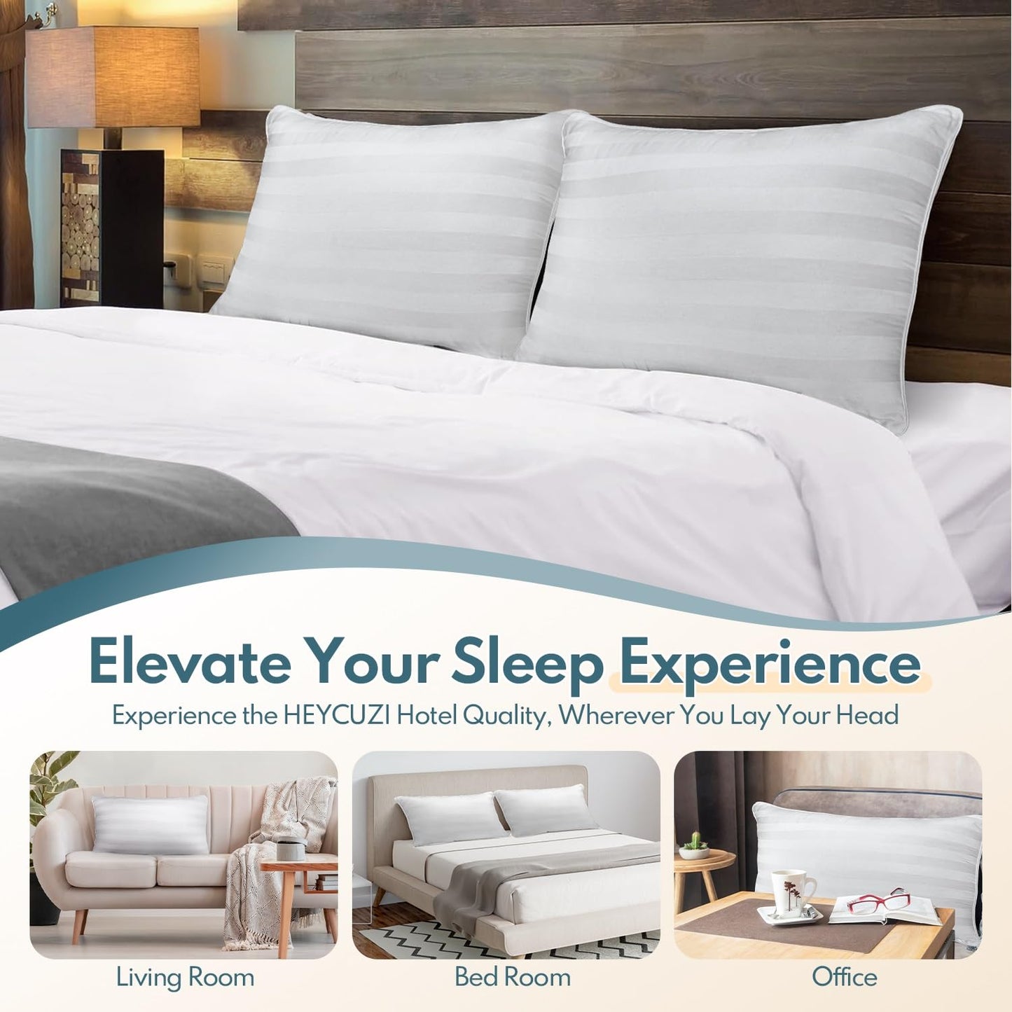 HEYCUZI King Size Bed Pillows Set of 2 - Breathable Premium Down Alternative Pillows for Side, Back, and Stomach Sleepers Hotel Quality Fluffy Soft Cooling Microfiber Fill Skin-Friendly