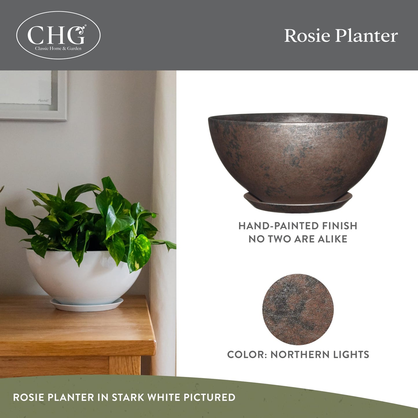 GROWSCAPE Rosie Planter Bowl, with Drainage and Saucer, 10” Northern Lights