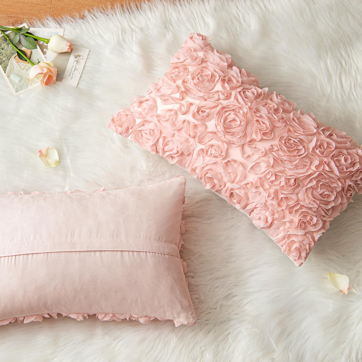 MIULEE 3D Rose Flower Pillow Cover Decorative Spring Floral Romantic Stereo Chiffon Aesthetic Solid Pillowcase for Girl Bedroom Living Room Decor 12x20 Inch Peach Pink
