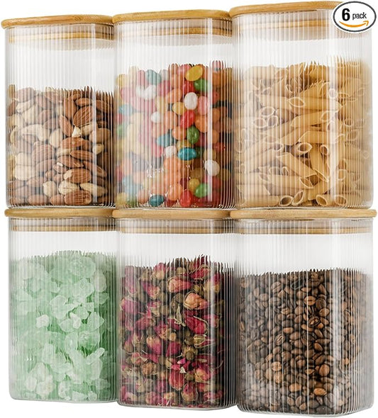 D2scrma 37oz Airtight Glass Square Storage Canisters with Bamboo Lids Set of 6 (1100ml) Striped Stackable Containers, Decorative Kitchen Jars for Tea, Nuts and Coffee (‎with Black Lable)