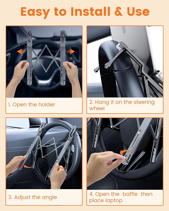 Steering Wheel Laptop Holder for Car SUV Pickup Truck Tesla Vehicle Workstation, Adjustable Foldable Portable iPad Tablet Laptop Stand for Desk, Tiktok Car Travel Essentials 2025 -Silver