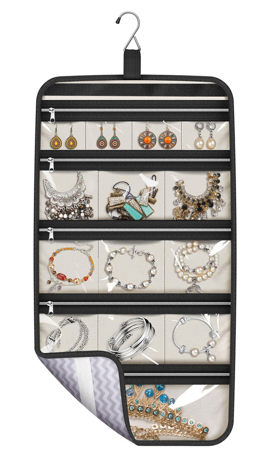 MISSLO Hanging Jewelry Organizer Travel Foldable Jewelry Roll Storage Case with 14 Cotton Zippered Pockets for Traveling, Closet, Suitcase