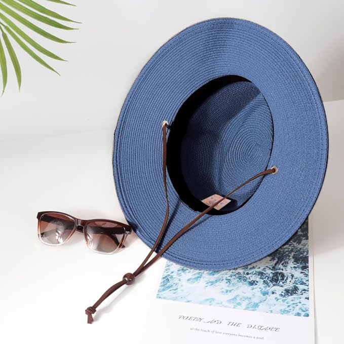 DRESHOW Women Straw Panama Hat Travel Fedora Beach Sun Hat Summer Wide Brim Straw Roll up Hat UPF 50+