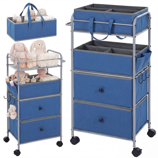 FoldTier 3In1 Baby Diaper Caddy Organizer Cart 4 Tier Large Capacity Metal Utility Bedside Rolling Cart with Divider Newborn Registry Nursery Essential Must Have Bedroom Gift Baby Shower (Blue)
