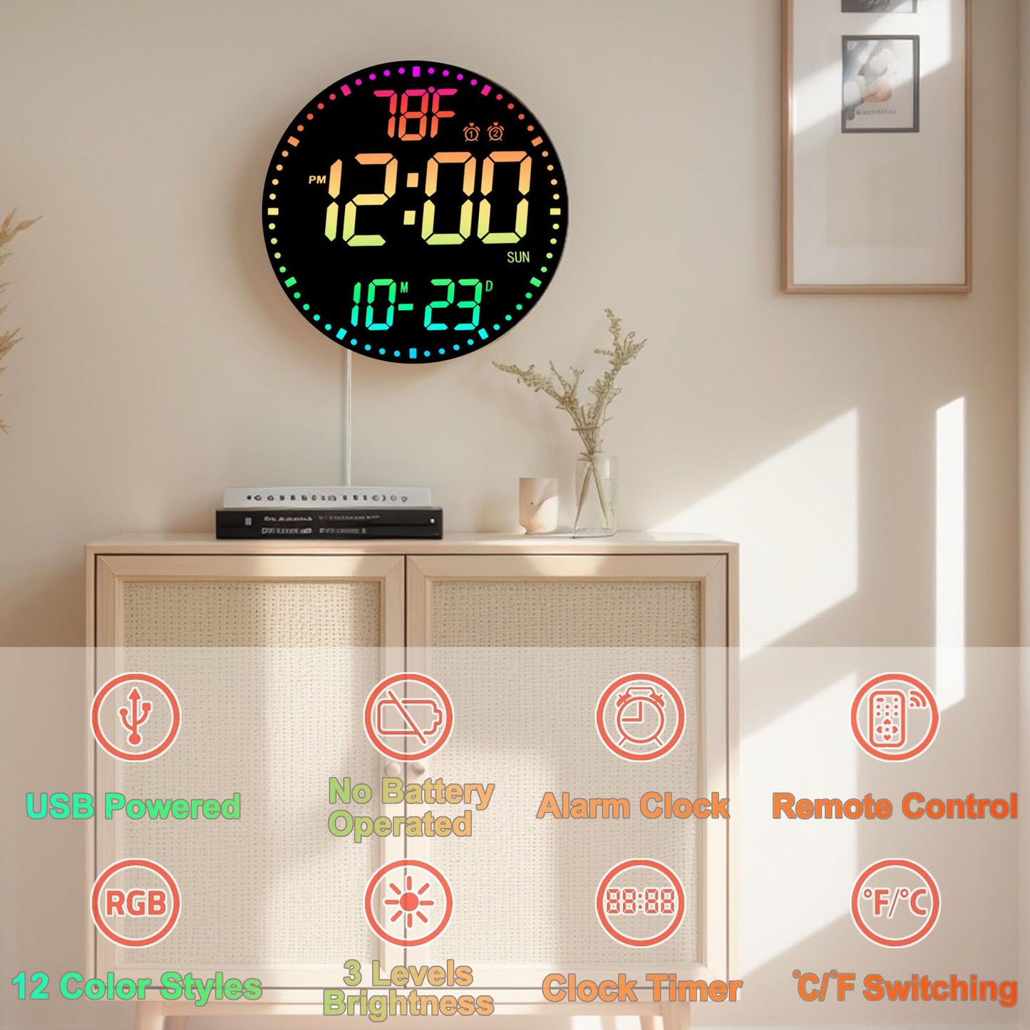 QINFIEY Large 12" RGB Color Changing Digital Wall Clock with Remote Control | LED Display Plug-in Clock with 3 Brightness Levels & Temperature Display | Perfect for Home, Gym, Classroom, Office