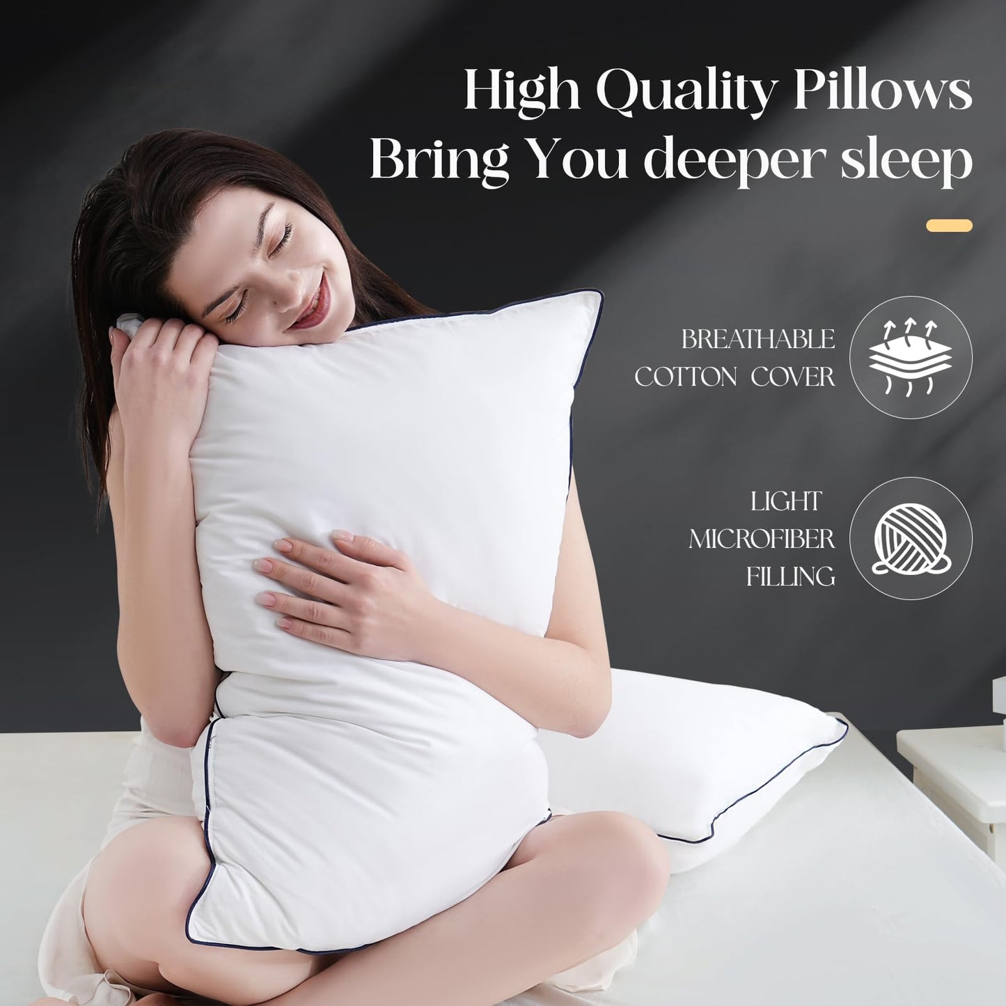 Yalamila Luxurious Goose Down Bed Pillows Queen Size Set of 2, Hotel Collection Pillows Designed for Deep Sleep, Soft and Supportive Filling for Side, Back Sleepers 20" x 30"