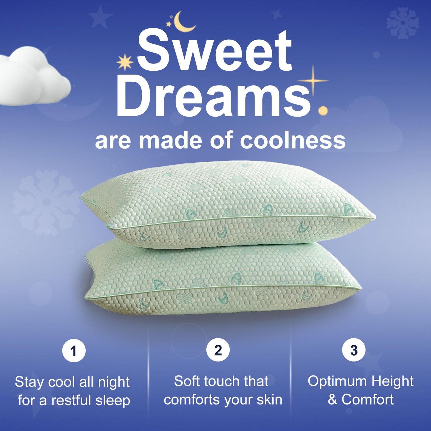ACCURATEX Cooling Memory Foam Pillows for Sleeping King Size Set of 2, Adjustable Fluffy Pillows with Removable Cover, Cool Bed Pillow for Side Back Stomach Sleepers, Machine Washable, Green