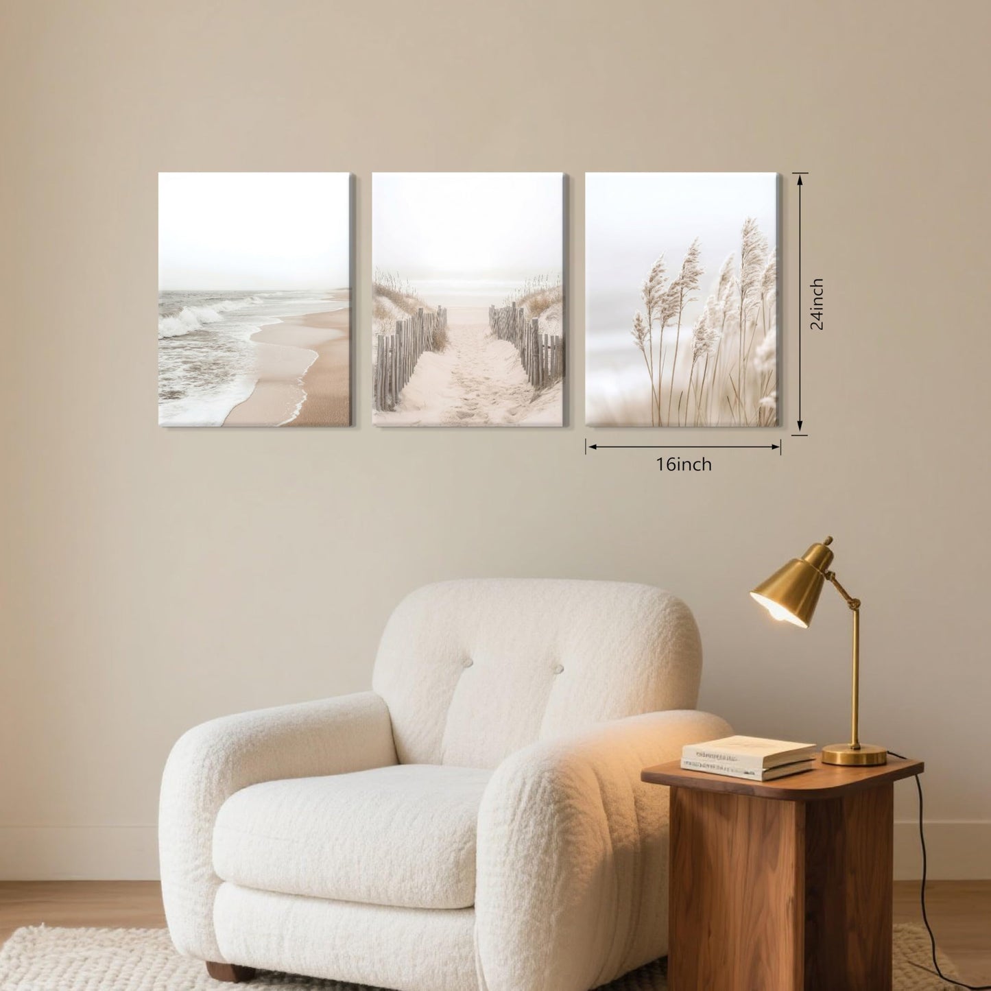 Framed Beach Canvas Wall Art Set of 3, Boho Coastal Nature Landscape Wall Decor Paintings, Ocean Beach Pampas Grass Artwork Prints Pictures for Living Room Bedroom Home Office 16x24 Inch
