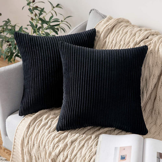 MIULEE Decorative Corduroy Pillow Covers Soft Solid Pack of 2 Cushion Cases Boho Square Throw Pillow Covers Black Modern Pillowcases for Couch Chair Sofa Bed Living Room Home Decor 18 x 18 Inch