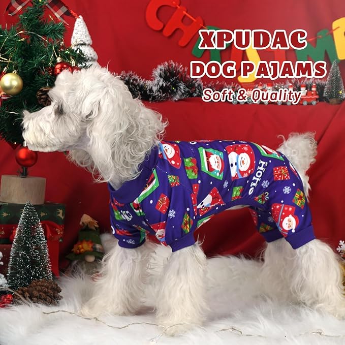 Xpudac 4 Pack Dog Christmas Pajamas Reindeer Puppy Clothes Cute Santa Claus Dog Pajamas Costumes Outfit Red Green XL