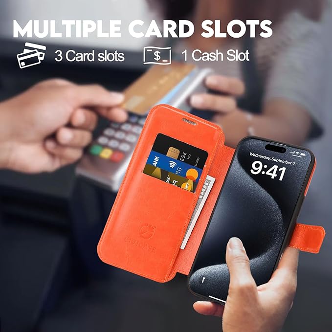 CIVICASE for iPhone 16 Pro Wallet Case with Stand,PU Leather Flip Credit Card Holder Slots (RFID Blocking),Compatible with Magsafe Magnetic Holder Phone Cover Women Men,Orange