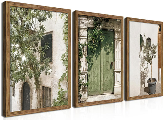 Wood Framed Vintage Italy Wall Art, Olive Green City Landscape Canvas Wall Decor Paintings, Large Modern Minimalist Posters Prints Pictures for Living Room,Bedroom,Office 12x16 Inch