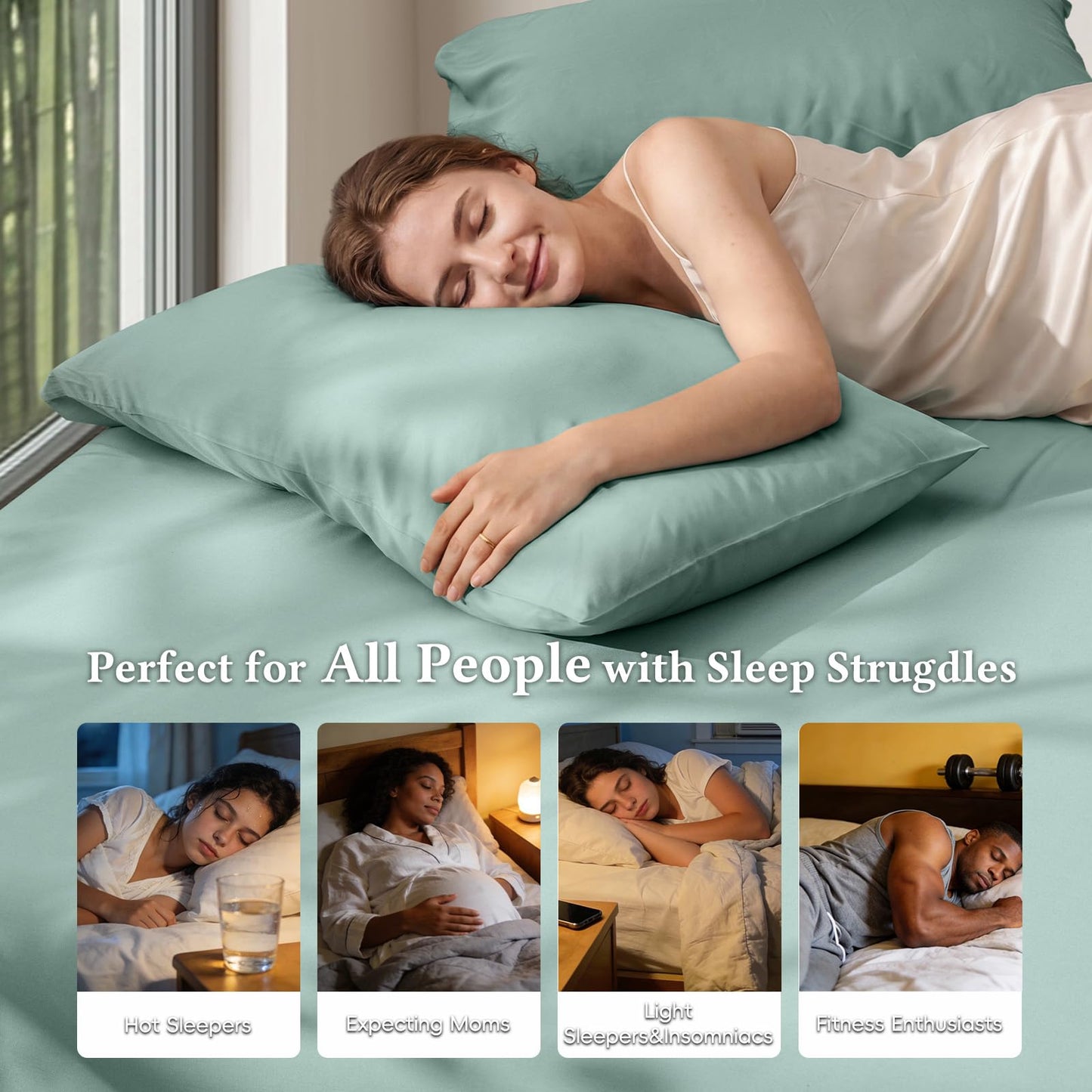 David's Home Cooling Fitted Sheet Queen Size, 100% Rayon Derived from Bamboo, 16" Deep Pocket 2.5cm Wider Elastic, Luxury Smooth Silky Soft Breathable Bottom Sheet for Hot Sleeper, Sage Green