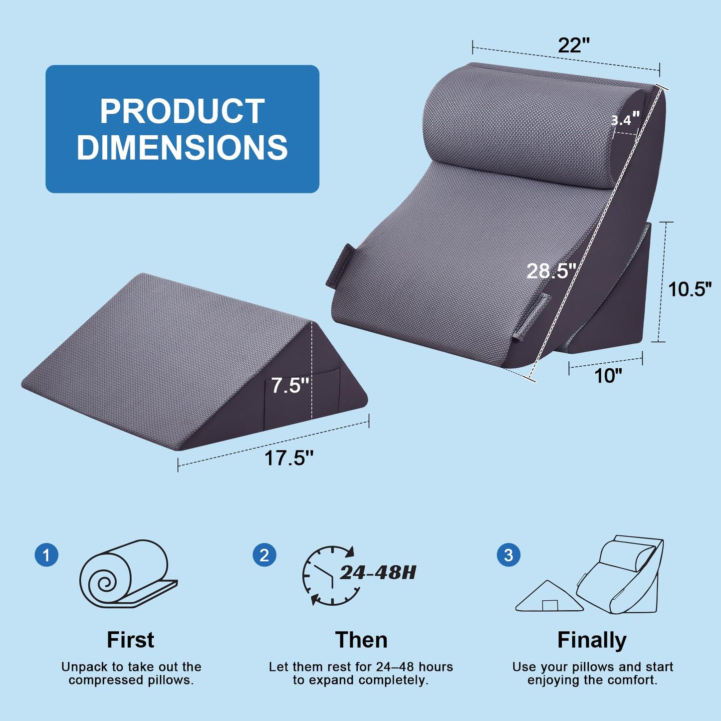 Paxato 4PCS Bed Wedge Pillow Set for After Surgery, Orthopedic Wedge Pillows for Sleeping, Back, Neck and Leg Pain Relief, Adjustable Memory Foam Support Pillows for Acid Reflux, GERD & Snoring, Grey
